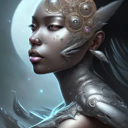 sango fantasy, fantasy magic, intricate, sharp focus, illustration, highly detailed, digital painting, concept art, matte, masterpiece head sexy front view black African beauty space lady silver carp skin one head African space night