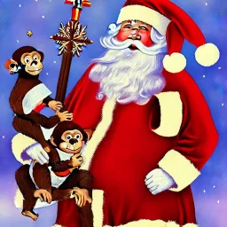 mdjrny-v4 Santa Clause is an Orthodox Russian ruler, with a crown and a sword, he's at a North Pole Kremlin with his favorite monkey and bear, photograph