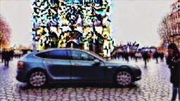 A Tesla's 'Model S Plaid' is doing donuts, at the Notre-Dame Cathedral, in Paris. CINEMATIC. WIDE ANGLE LENS. PHOTO REAL.