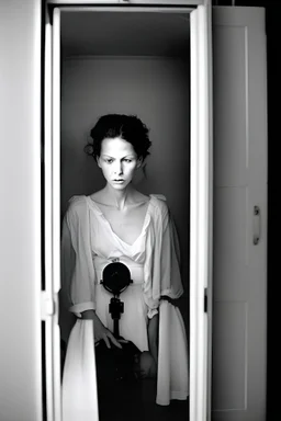 she stands within the confines of a closet, surrounded by a cabinet of curiosities. These evocative creations capture a melancholic mood, photorealist, revealing the inner struggle of a soul torn between her desire for freedom and the weight of her own uniqueness. Shoot by a leica camera by Cartier-Bresson, very low contrast