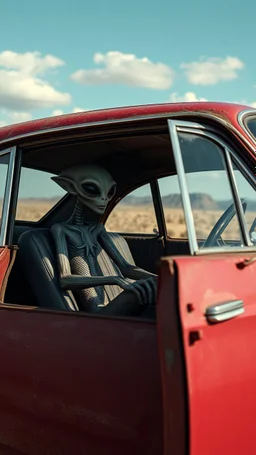A aliens sitting in an old car