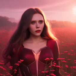 Feiticeira escarlate, Elizabeth Olsen, feiticeira, magia, bonita, cenário em um campo de flores, cinematográfico, dramático, por do sol, campo de flores, cores frias