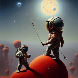 1yo little boy is on safari on the moon. riding on the red dinosaur. he has big and a funny hat. High detailed. Cinematic. oil on canvas painting. Warm lights. beksinski