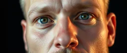 close up portrait with smooth grainy skin fine pores and real skin texture, clear transparent skin, wise eyes, hairy macho disco albino limbo