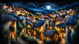 Fantastic night cityscape of an old Mediterranean town, view of tiled roofs and windows of different shapes and sizes of cozy houses, with attic and mezzanine, lights in some windows, authentic old Italian village with plants, mystical atmosphere, dark night with stars, cinematic, detailed sharp focuses, oil painting, paint drop