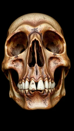 skull without teeth covered in corrosion from a black background,