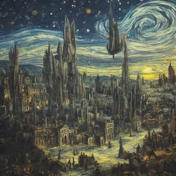 gothic painting of a city in a fantasy starry night photorealistic