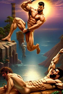 220572500 photorealistic hypermasculine homoerotic fantasy illustration of a mid 30s muscular beautiful man calculating a phantasm to glimpse Pythagoras's golden thigh While performing cult mathematics as i visited Olympus and looked down on greece during the ritual orgy in the style of Tim Burton, Thomas kinkade, Andy Warhol, Alphonse Mucha, Dan Mumford, ancient Greece, Pythagorean hypersigil, apparation, specter, smooth, sharp, HDR, dof, deep focus, hyper realistic, magic, mystical, ethereal