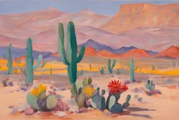 George Baselitz Desert landscape with flowering cactuses in foreground with purple mountain in background vibrant colors