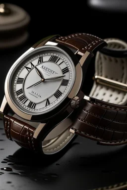reate a visually appealing image of a classic leather-strapped wristwatch with Roman numeral markings, capturing the essence of timeless elegance."
