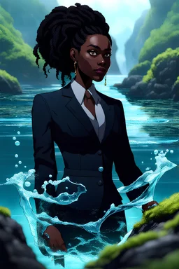 28 year old woman, dnd water genasi, D&d water genasi, skin looks like clear water, water for skin, seaweed for hair, black lawyer suit, pencil skirt, black heals, body made of water