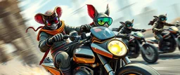robotic ai pirate ninja in the style of fallout 4 hi speed rocket ship on leaning scooter in a swing, coated rat gremlin captain in high speed pursuit among neon spy vs spy rat cyber soldiers, with background motion blur, airbrush and pen outline, in the style of Fallout 4 and Cyberpunk and GTA5, huge transparent sun glasses with mirror reflection