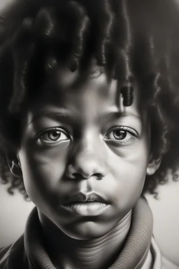 A hyper realistic pencil portrait of a beautiful African boy with afro hair, glossy lips and eyes