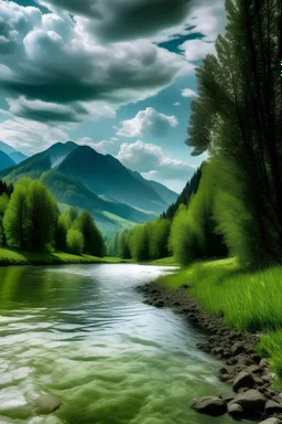 green trees and a river with mountains and clouds in the background