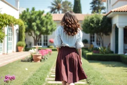 fullbody shot,of beautiful lady walking toward camera in a pretty villa garden wearing skirt and blouse , curvy hair,