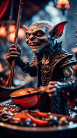 portrait of a vampire werewolf gremlin with mustage eating a violin blood of fish on a viking ship, in the style of Giger,bokeh like f/0.8, tilt-shift lens 8k, high detail, smooth render, down-light, unreal engine, prize winning