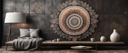 Hyper Realistic Beautiful half Mandala art on left & right sides on a dark rustic wall