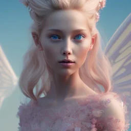 a pink castle, a cheerful fairy in front, big smile, pink, blonde hair, beautiful, whole face, whole top hair head, wide open blue eyes, transparent wings onn the back, hyperrealism, masterpiece, expert, cinematic lighting, sharp focus, 8K, pastel, macro lens, woman, detailed, flower