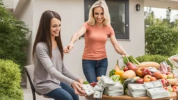 strung out girl receiving cash for her groceries to woman at house