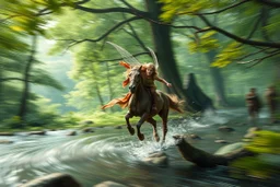 oil painting ,motion blur running caped long haired pixie Quickling - Forgotten Realms dodging harpies above water and along winding branches in lush green forest along speeding horses , bokeh like f/0.8, tilt-shift lens 8k, high detail, smooth render, down-light, unreal engine, prize winning