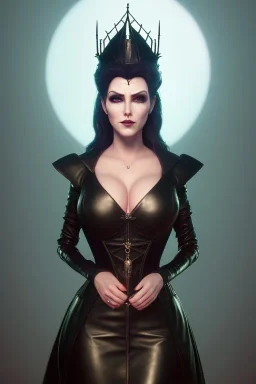 Amy Dumas as evil queen in black leather gown, evil, busty, cleavage, curvy, angry, stern look. character design by cory loftis, fenghua zhong, ryohei hase, ismail inceoglu and ruan jia. unreal engine 5, artistic lighting, highly detailed, photorealistic, fantasy