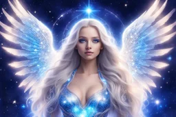 angel cosmic women with long hair, light eyes and blue brightnesstunic, with big crystal wings, in a background of stars and bright beam in the sky
