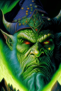 Portrait of a larger than life, mountainous goblin sorcerer, with a giant gem on his forehead, wrinkled green and grey skin, in the style of Artwork by Albert Lynch, sinking deep into bittersweet melancholia, dark angry eyes, 70s psychedelic drawings, alex grey, sense of awe, pale skin, night, dark twisted fantasy, macabre fine art