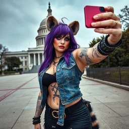 SCUZZPUNK AESTHETIC: FILTH, GRIME, STINK... SCUZZ. And a DEVIL-MAY-CARE FLIRTATIOUS SASSY IRREVERENCE. Denim vest, purple hair, anthropomorphic curvy, bottom-heavy she-hyena posing for a selfie outside the capital building