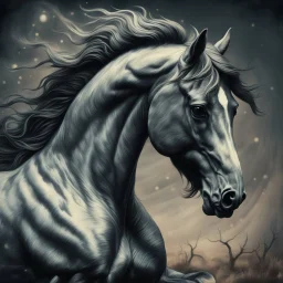 PROMPT: Young stallion in motion, captured in a modern vintage photography style. The image blends necronomic-inspired illustrations with a tabletop photography approach, reminiscent of the 1890s. Hyper-realistic animal portraiture is combined with a ghostly aura and subtle, buzzing details.