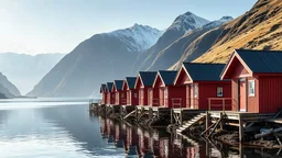 A stunning photograph of traditional red fishermen's huts lining the serene banks of the Reinefjord, capturing the vibrant colors of the huts against the backdrop of majestic mountains and a tranquil fjord. The scene is bathed in soft, natural light, highlighting the textures of the wooden structures and the surrounding landscape, with reflections shimmering on the water's surface. The composition should evoke a sense of peace and authenticity