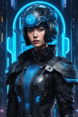 Someone wears a black Changshan costume and glass Cyberpunk helmet , full helmet cover , black and blue color, cyberpunk drawing style, neon, full body, intricate details, highly detailed, high details, detailed portrait, masterpiece,ultra detailed, ultra quality