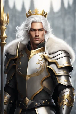 Male Tan Human, White Hair, Handsome Face, King Crown, Dark Heavy Armour, Black and Gold colour theme