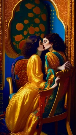 Masterpiece, fine art, award winning, "like Gustav Klimt : the Kiss in a chair" 2 w, RAW photo, eye candy in the style of (petra collins::Robin Eley:1.5), (Suhaila Ben Lachhab::Heidi Moussa:1.5) in breathtaking cinematic shot (full body shot, from below angle) that emphasizes the stunning cheek bones, texturized black hair,(big detailed eyes:1.5) (cottagecore aesthetic:5) with extreme sensuality, Irresistible with (porcelain skin:4.8), sitting on an old chair, retro vintage style