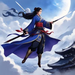 a princess in a flowing kimono, her hand gripping a gleaming katana, poised for battle on the top of an airship soaring through the clouds. Across from her stands a shadowy figure, a ninja cloaked in mystery and skill, ready to engage in a deadly dance of blades high above the world below.