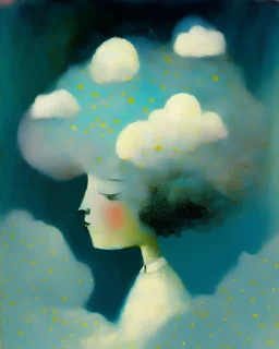 A dreamy portrait of a figure with their head in the clouds, literally, with their thoughts and dreams visible as miniature scenes within the fluffy formations, in the style of magical realism, soft pastel colors, and a sense of whimsy, inspired by the works of Marc Chagall and Odilon Redon, exploring the power of imagination and creativity.