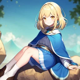 Clear focus, High resolution, Rough line, cute, cartoon style, blonde short hair, golden eyes, long locks, spiky hair, wearing a white sleevless shirt, wearing a blue cloak, wearing a light blue skirt, wearing white long socks and brown shoes, smiling, 1girl, sitting