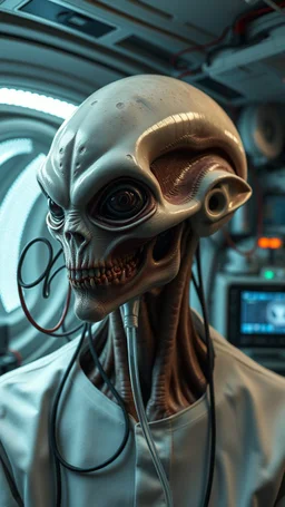 A hybrid human with creatures looks like alien face inside a laboratory connected with many wires and small plastic tube to big machine inside a aliens space ship, 4k , high quality picture and dim lighting with small screen monitors