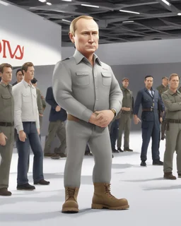 4D cartoon with big head, ultra-realistic details of Putin dressed in a plain gray long-sleeved shirt, cargo pants, cream-colored boots, hands in pockets, white background