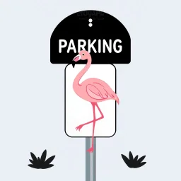 a parking sign crossed with a flamingo, cartoon on solid background color