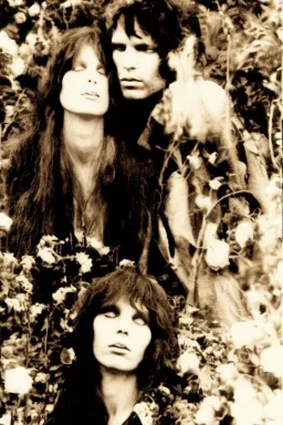 Jim Morrison and Pamela Courson ,music, ignoreNSFW, watermark, bohemian style , blurry,beautiful,elegant,roses, fantasy