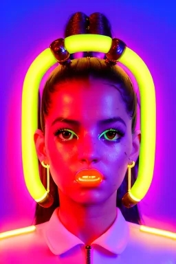 Rosalía artist, Realistic image, natural waist up portrait, perfect eyes, glow, circle iris, eye liner. pigtails hair, face, spray line make up, glow. lips, gold. big rings piercing, led ornament, pearls. coat, latex, inflatable, hot, led lights, minimal, neon, pink, blue, gold, vibrant color, highly detailed, art stations, concept art, smooth, unreal engine 5, god lights, ray tracing, RTX, lumen lighting, ultra detail, volumetric lighting, 3d, finely drawn, high definition, 4k.