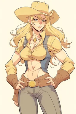 An anime style drawing of a buff cowgirl. she is blonde has sideburns. she is wearing chaps and a cowboy hat. she is buff and has big muscles!