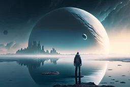 person seeing a grey exoplanet in the horizon, lagoon, sci-fi, very epic