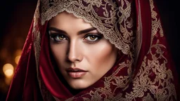 A woman with striking golden-brown eyes, which are partially concealed by a dark red headscarf. Her shyly looking into the camera. The combination of her lace veil headscarf and beautiful eyes creates an intriguing and visually appealing scene, highly detailed, high contrast, perfect lights, masterpiece