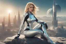 woman in an android-looking catsuit, with shoulder-length blond hair, sitting on a rock, sideways, with a planet behind her, a futuristic city on the horizon