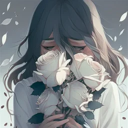 Pictures of a girl with a white background holding white roses covering her face Like from a cartoon movie, digital art, anime, 4k, full details, high resolution