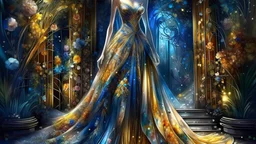 haute couture fashion dress with matching shoes on the side, show top of head, eyes looking up, in watercolor, real life looking, fantasy garden, fantasy sparkling, wet on wet watercolor, shimmering, Shining, Metallic colors, Extremely detailed, Beautiful lighting, photorealistic, ultra-realistic, 32K, 18K, digital graphics, HD, HDR, UHDR, Josephine