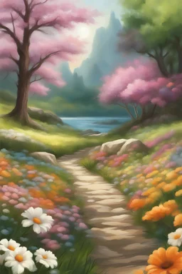 generate an image of a serene landscape, with flowers; realistic style, bright colors