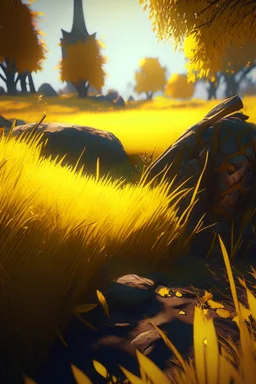 brilliant raytraced game level with yellowish grass, 4k, nvidia graphics, volumetric light, depth of field, autumn, trending art, fantasy art, knight