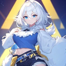 Clear focus, High resolution, rough line sketch art, short fluffy white hair, hair between eyes, fluffy hair, blue eyes, wearing a crop top, wearing shorts, detailed outfit, lots of details, bow on belt, white belt, white and blue everywhere on outfit, cut sleeve, yellow chains around outfit